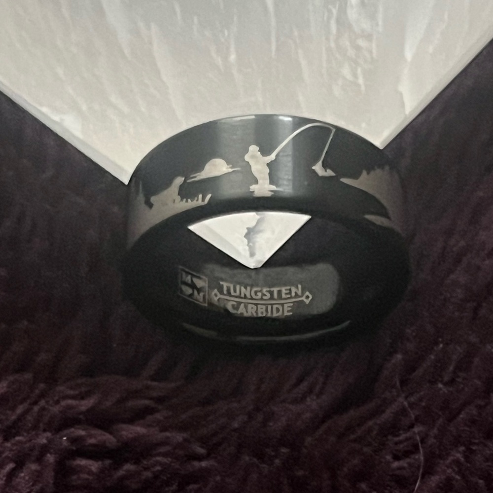 Mens Fly Fishing Ring Tungsten Carbide Wedding Band